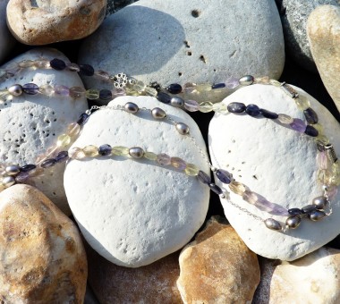 Necklace with sterling silver beads, ametrine, lemon quartz, freshwater pearls and iolite. Total length 100cm - wear as 1 or 2 strands