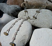 2 strand necklace with small grey Swarovski crystal opals and rosequartz (total length of each strand with opals is 43cm, the rosequartz drops 10cm down from centre incl. two larger opals on the ends)